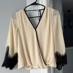 A. Byer Cream and Black Lace Blouse